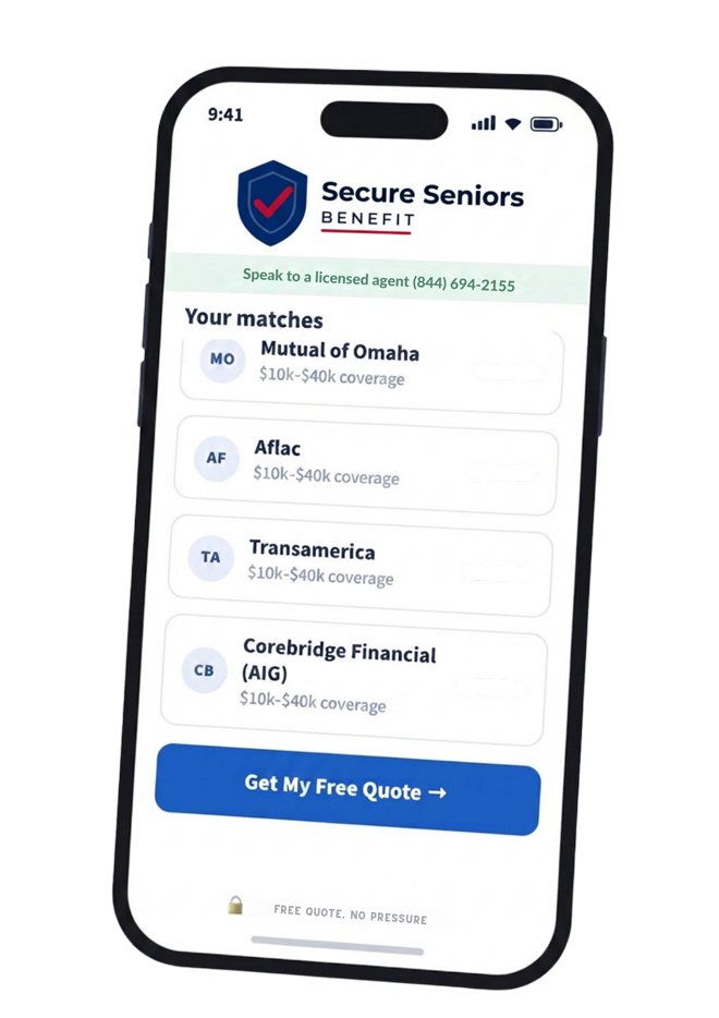 Example phone screen listing matched carriers such as Mutual of Omaha, Aflac, Transamerica and Corebridge Financial, each showing a $10,000 to $40,000 coverage range.